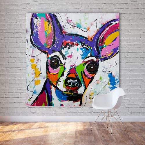 Image of a stunning Chihuahua painting on a wall, featuring a hand-painted 'spray paint effect' on canvas