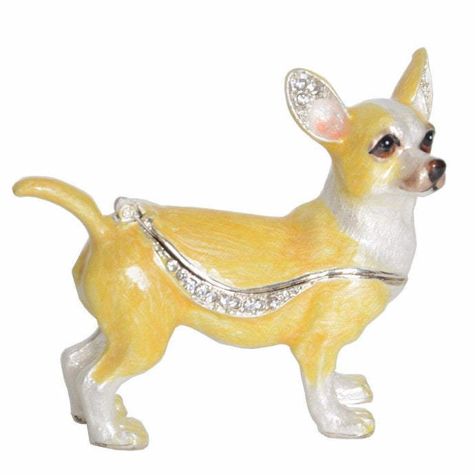 Image of a Chihuahua jewelry box in the shape of Chihuahua, made of metal, hand-painted, and adorned with sparkling transparent AAA Cubic Zirconia crystals with gold highlights