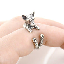 Load image into Gallery viewer, Image of a finger wrap Chihuahua ring on the finger of a person in the color Antique Silver