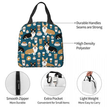 Load image into Gallery viewer, Information detail image of an insulated Corgi lunch bag with exterior pocket in coffee and corgi design