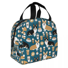 Load image into Gallery viewer, Image of an insulated coffee and corgi design Corgi bag with exterior pocket