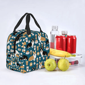 Image of an insulated coffee and corgi design Corgi lunch bag
