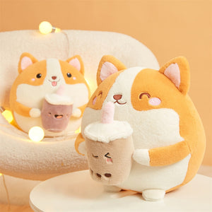 This image shows two Corgi Plush Stuffed Pillows , with open and closed eye respectively, lying on a table.