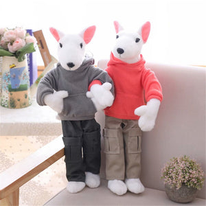 image of a grey bull terrier stuffed animal plush toy playing with a red bull terrier stuffed animal plush toy