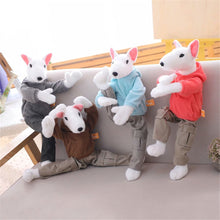 Load image into Gallery viewer, image of a collection of bull terrier stuffed animal plush toys dancing on a couch