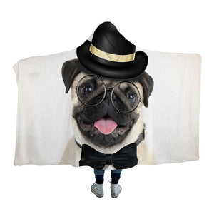 Image of wearable comfy pug blanket in pug with hat on top and bow tie design