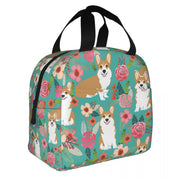 Image of an insulated Pembroke Welsh Corgi bag with exterior pocket in bloom design