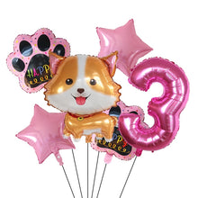 Load image into Gallery viewer, Image of pink color corgi balloon party pack with 3 age balloon