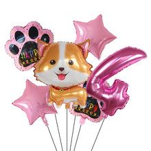 Load image into Gallery viewer, Image of pink color corgi balloon party pack with 4 age balloon