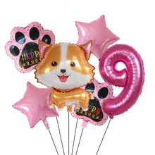 Load image into Gallery viewer, Image of pink color corgi balloon party pack with 9 age balloon