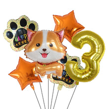 Load image into Gallery viewer, Image of yellow color corgi balloon party pack with 3 age balloon