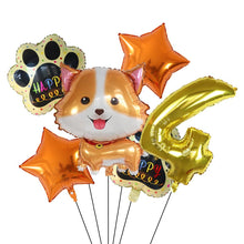Load image into Gallery viewer, Image of yellow color corgi balloon party pack with 4 age balloon