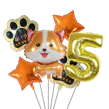 Load image into Gallery viewer, Image of yellow color corgi balloon party pack with 5 age balloon