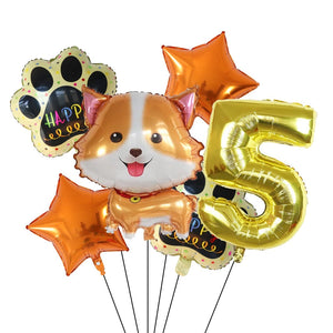 Image of yellow color corgi balloon party pack with 5 age balloon