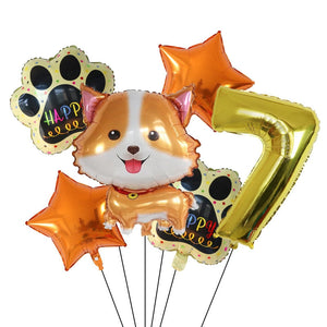 Image of yellow color corgi balloon party pack with 7 age balloon
