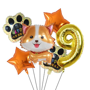Image of yellow color corgi balloon party pack with 9 age balloon