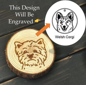 Image of a wood-engraved Welsh Corgi coaster design