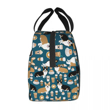 Load image into Gallery viewer, Side image of an insulated Corgi lunch bag with exterior pocket in coffee and corgi design