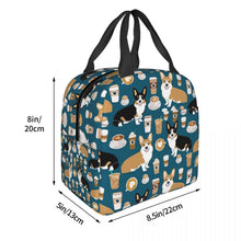 Load image into Gallery viewer, Image of the size of an insulated Corgi lunch bag with exterior pocket in coffee and corgi design