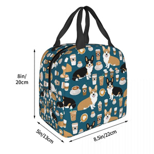Image of the size of an insulated Corgi lunch bag with exterior pocket in coffee and corgi design