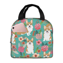 Load image into Gallery viewer, Image of an insulated Pembroke Welsh Corgi lunch bag with exterior pocket in bloom design