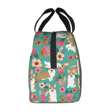 Load image into Gallery viewer, Side image of an insulated Pembroke Welsh Corgi lunch bag with exterior pocket in bloom design