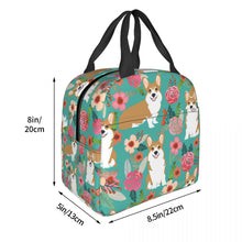 Load image into Gallery viewer, Image of the size of an insulated Pembroke Welsh Corgi lunch bag with exterior pocket in bloom design