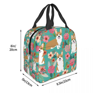 Image of the size of an insulated Pembroke Welsh Corgi lunch bag with exterior pocket in bloom design