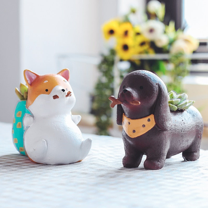 corgi succulent pot Dog Watering Can Shaped Flowerpot Resin Succulent Planter Decorative Flower Pot Desktop Mini Ornament (Corgi)