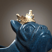 Load image into Gallery viewer, Close up image of a french bulldog statue in blue wearing a gold crown