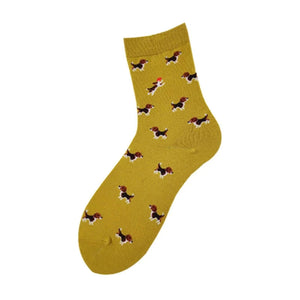 Image of a mustard color beagle sock on a white background