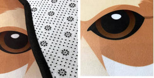 Close image of a shiba inu rug with shiba inu eyes