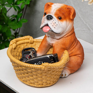 Image of a super cute English Bulldog statue in the most helpful English Bulldog holding a basket design