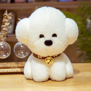 This image shows three cutest sitting Bichon Frise Stuffed Animal Plush Toys sitting on the table.
