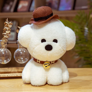 This image shows a cute sitting Bichon Frise Stuffed Animal Plush Toy with a brown hat on it.