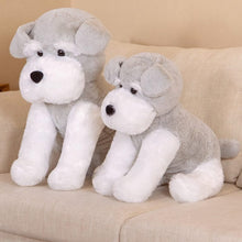 Load image into Gallery viewer, this image shows the side view of two Cutest Schnauzer Stuffed Animal Plush Toy of different sizes sitting on the sofa looking adorable.