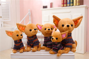 this image shows a pack of five cutest sitting chihuahua stuffed animal plush toys in different sizes ranging from small to large.
