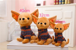 this image shows a set of three different cutest sitting chihuahua stuffed animal plush toys ranging in different sizes from large to small showing the different measurement.
