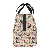 Load image into Gallery viewer, Side image of an insulated beige color Dachshund lunch bag with exterior pocket in bloom design