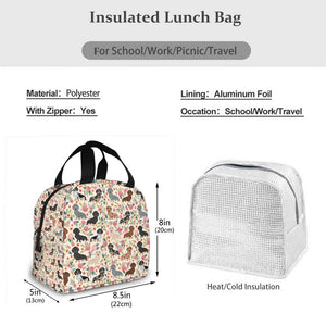 Image of the size of an insulated beige color Dachshund lunch bag with exterior pocket in bloom design