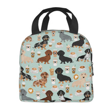 Load image into Gallery viewer, Image of an insulated dachshund and coffee design Dachshund bag with exterior pocket