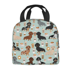 Image of an insulated dachshund and coffee design Dachshund bag with exterior pocket