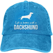 Load image into Gallery viewer, Image of a dachshund baseball cap in the color blue