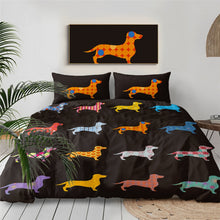 Load image into Gallery viewer, Image of dachshund bedding in the most vibrant Dachshund silhouettes with unique and colorful patterns inside