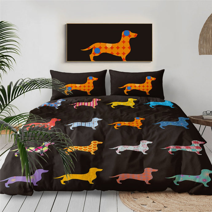 Image of dachshund bedding in the most vibrant Dachshund silhouettes with unique and colorful patterns inside