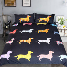 Load image into Gallery viewer, Image of dachshund bedding set in the most vibrant Dachshund silhouettes with unique and colorful patterns inside