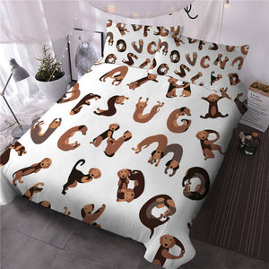 Image of dachshund bedding set in the cutest alphabet dachshund design