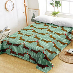 Image of dachshund bedsheet in chocolate dachshunds kissing in green background