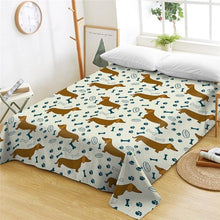 Load image into Gallery viewer, Image of dachshund bedsheet in dachshunds with paws bones bowls