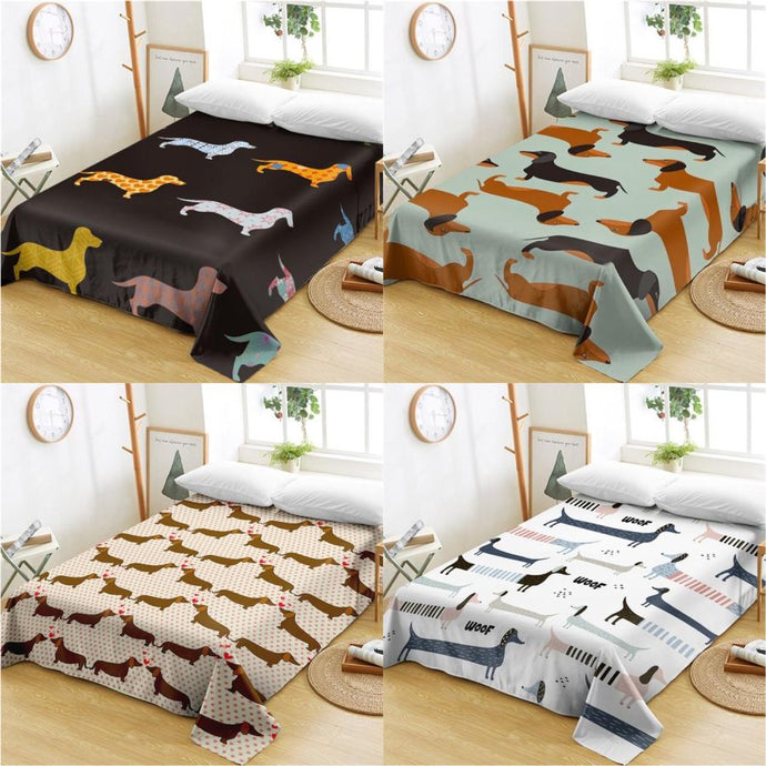 Image of four dachshund bed sheets in different dachshund prints